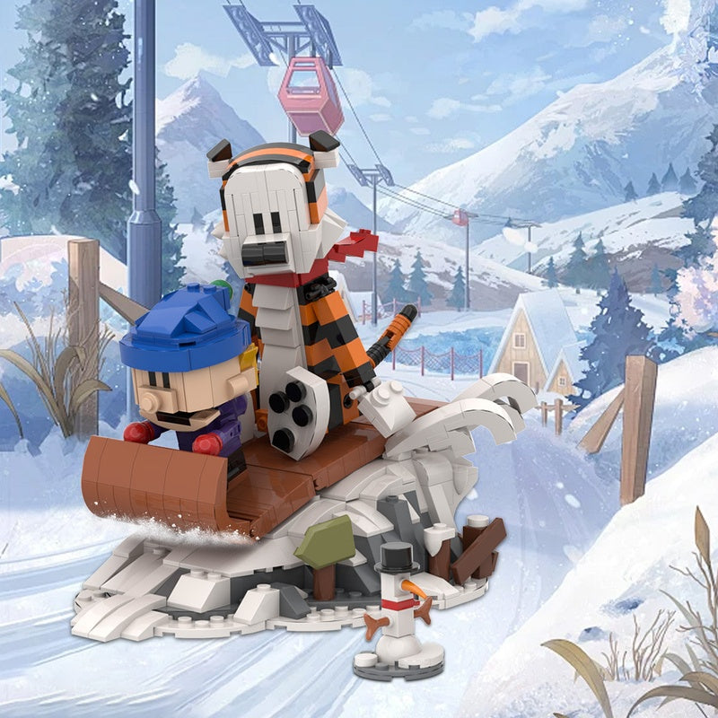 Boy and Tiger Winter Sledding Adventure Diorama Building Kit | LEGO-Compatible MOC - 1