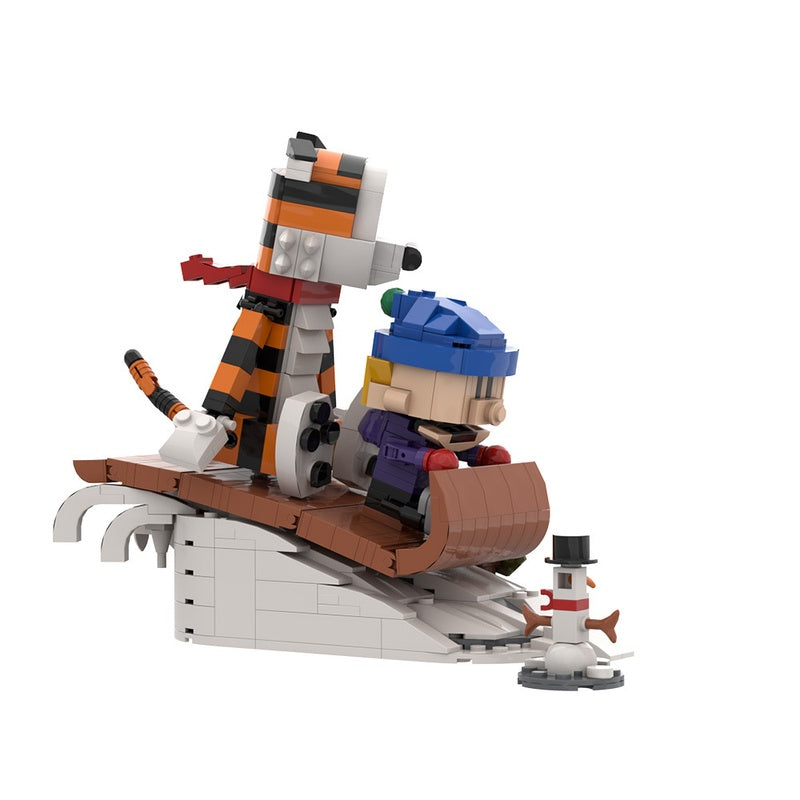 Boy and Tiger Winter Sledding Adventure Diorama Building Kit | LEGO-Compatible MOC - 2