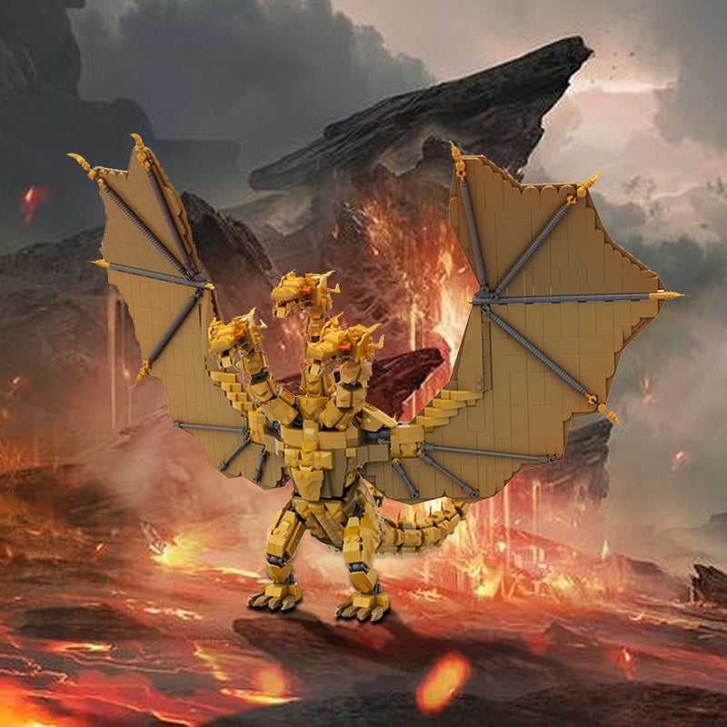 Golden Three-Headed Dragon Daikaiju Building Kit | LEGO-Compatible MOC - 1