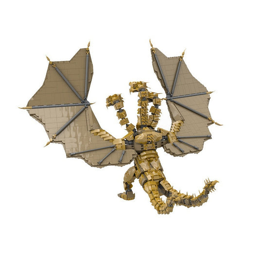 Golden Three-Headed Dragon MOC Building Kit | Fantasy Monster Figure - 1