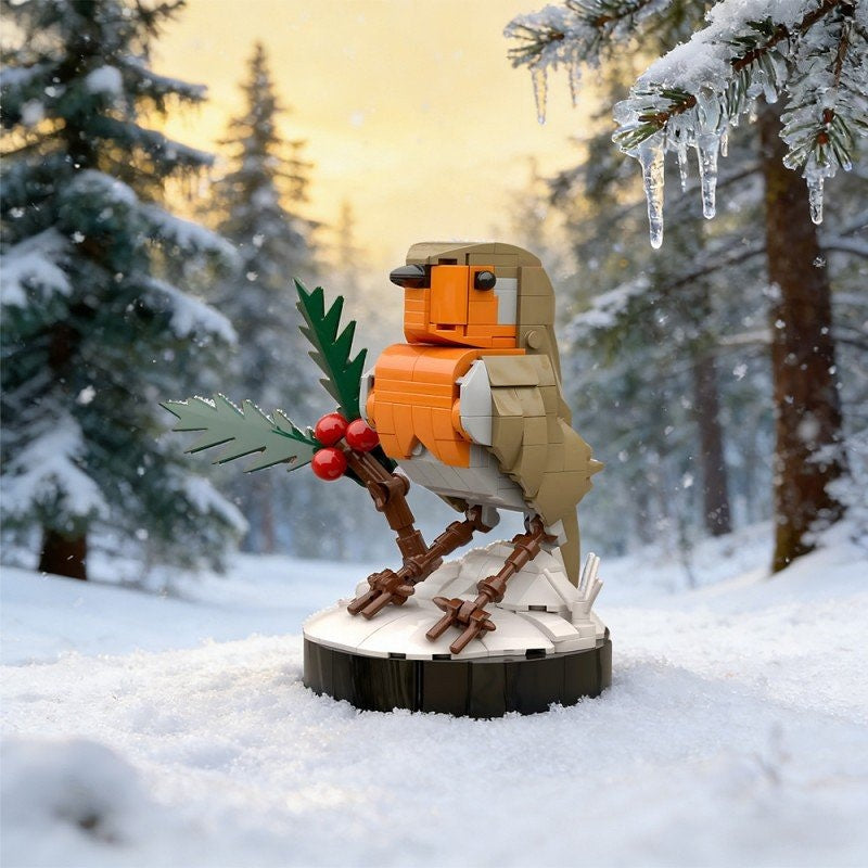 Winter Robin Bird Snow Scene MOC Kit | Seasonal Wildlife Display Model - 5