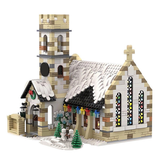 Winter Village Stone Church MOC Building Kit | Medieval Architecture Model - 1
